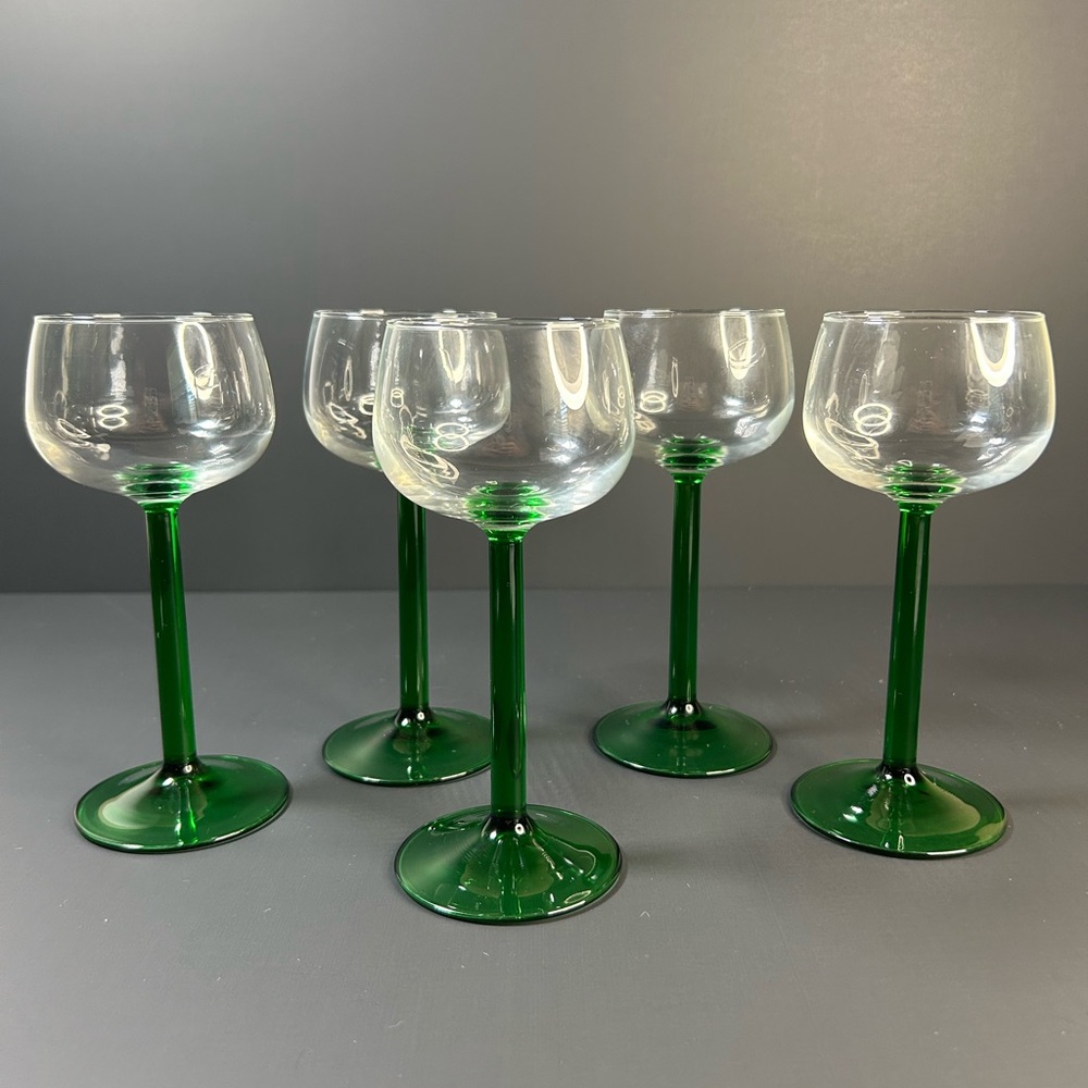 5 PC Vintage Luminarc Green Stem Rhine Wine Glasses 6 3/8" France Emerald